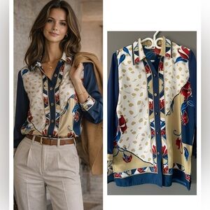 Blue Red Print Blouse US 12 Vintage Classic Preppy Button Shirt